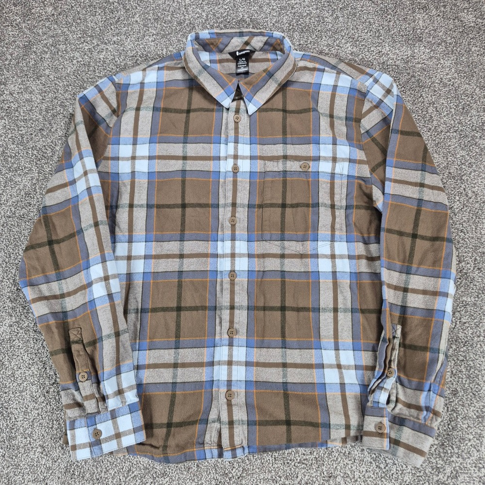Cotopaxi Flannel Shirt Mens Large Brown Blue Plaid Organic Cotton
